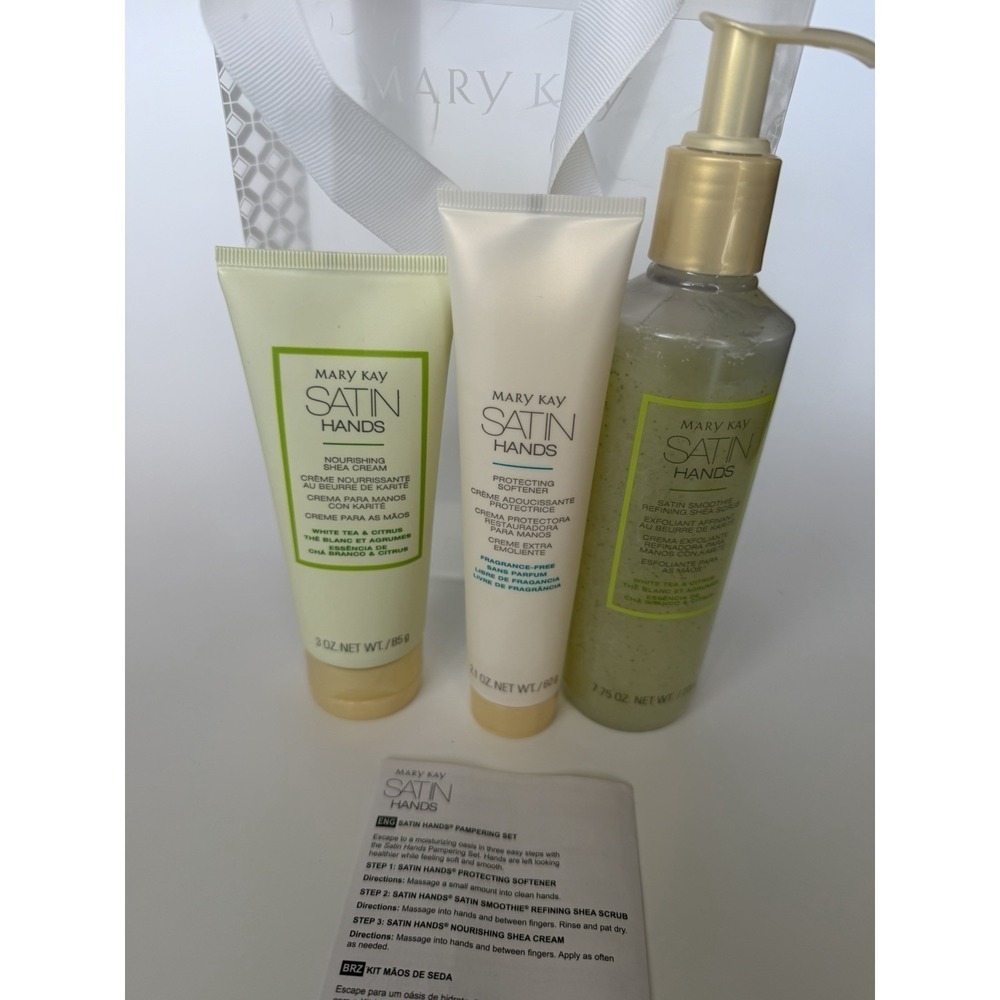 Mary Kay Satin Hands Pampering Set - Cream, Scrub, Softener White Tea Citrus NEW